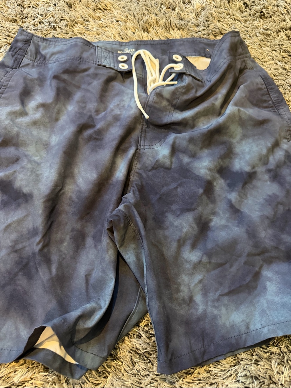 Hollister Men's Navy Tie-Dye Swim Trunks with White Drawstring